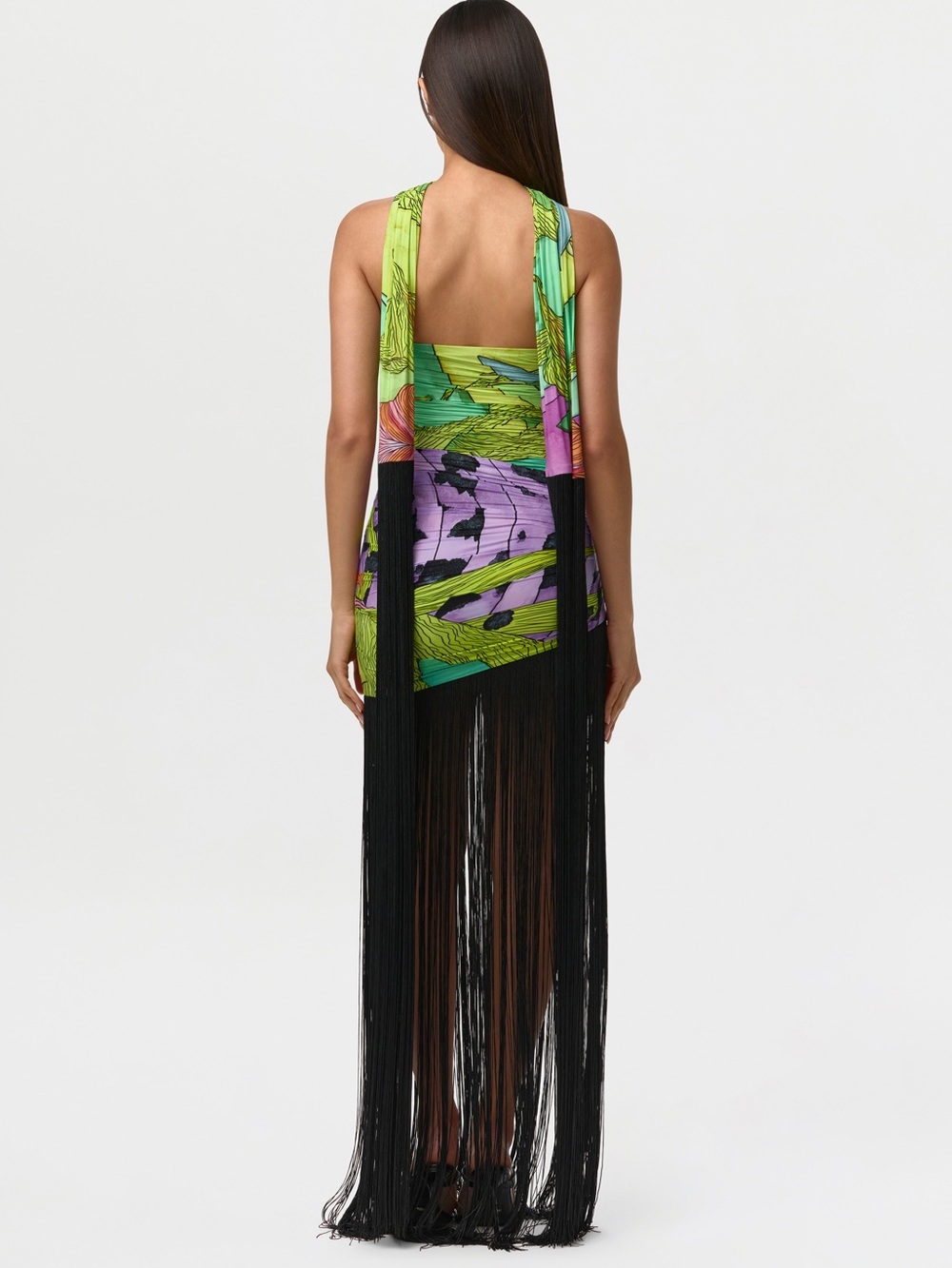 NWOT Naked Wardrobe Sz M Print Fringe Tube Dress Asym Bodycon Sash Green Purple - Picture 3 of 8